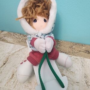 Vintage Precious Moments Doll on Sled Christmas 1993 Applause Plush Winter Holly